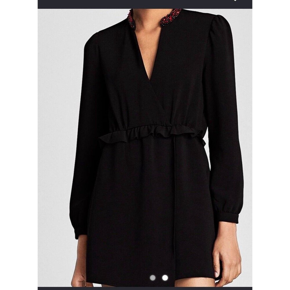 Zara Black Long Sleeve Playsuit Red Beaded Collar Size XS Party Sexy Chic